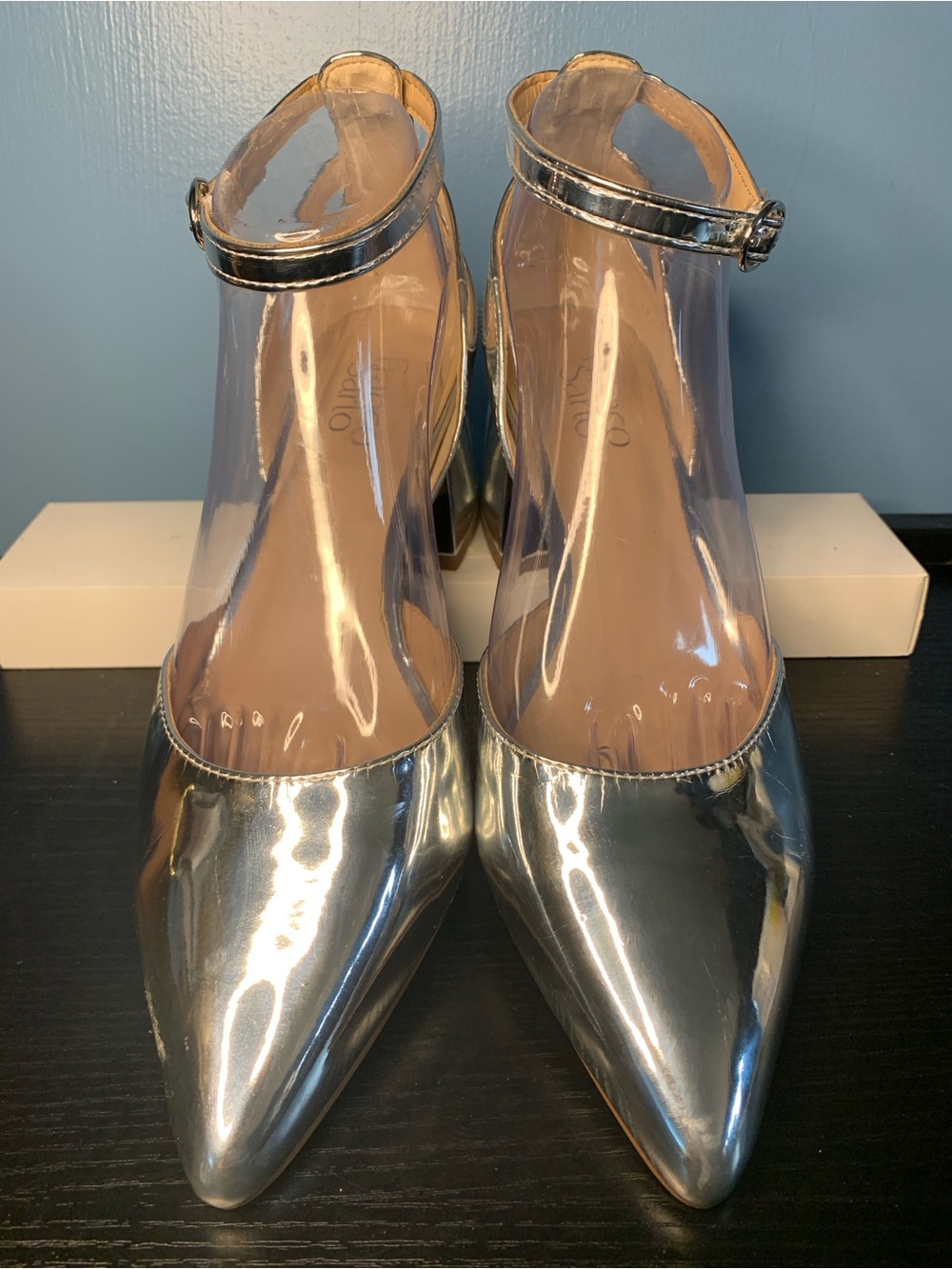 Franco Sarto Caleigh Metallic Silver Pointed-Toe Ankle-Strap Heels